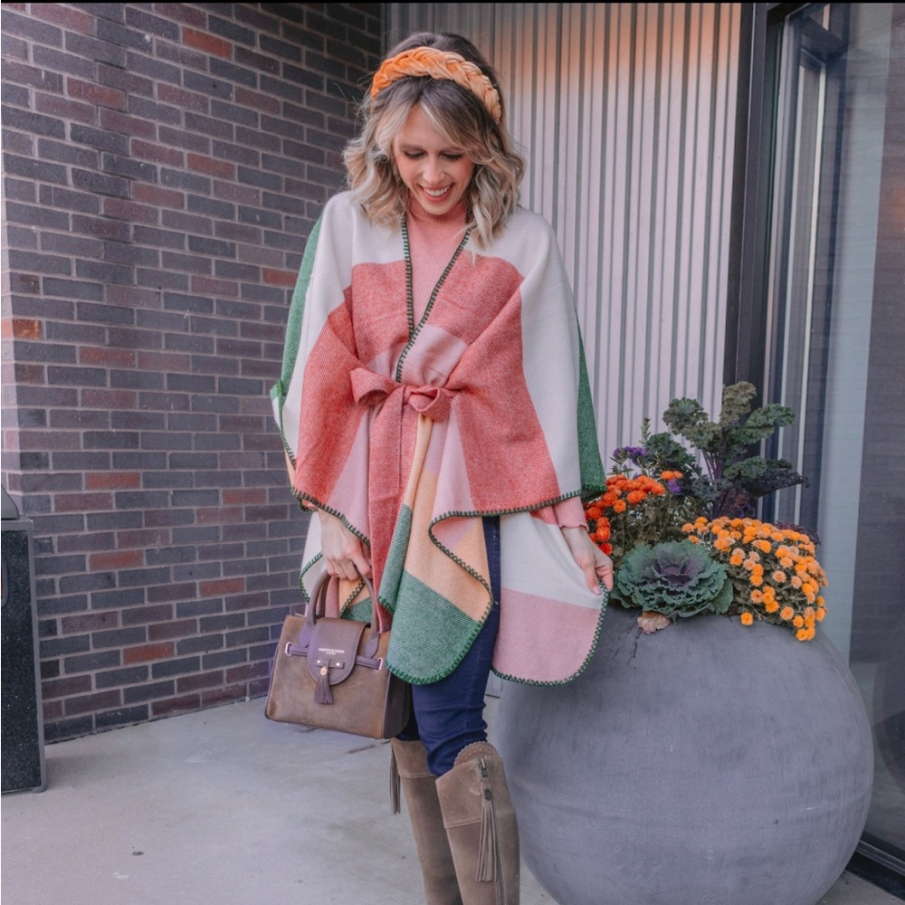 Color block wrap poncho with waist tie
